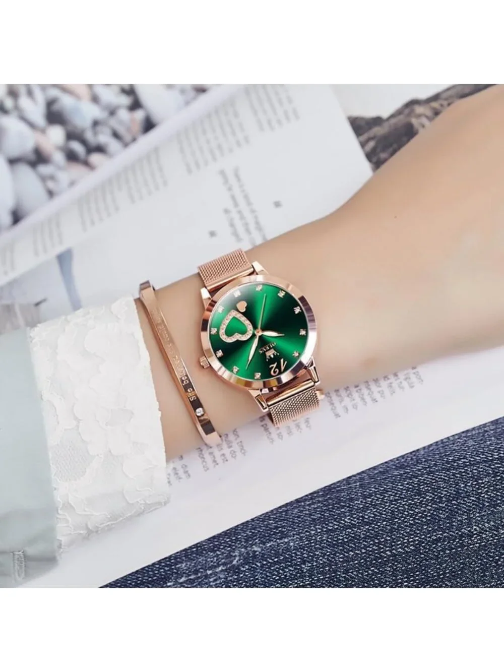 Women's Green Mesh Strap Fashion Dress Hearts Quartz Bracelet Sets Ladies Watch